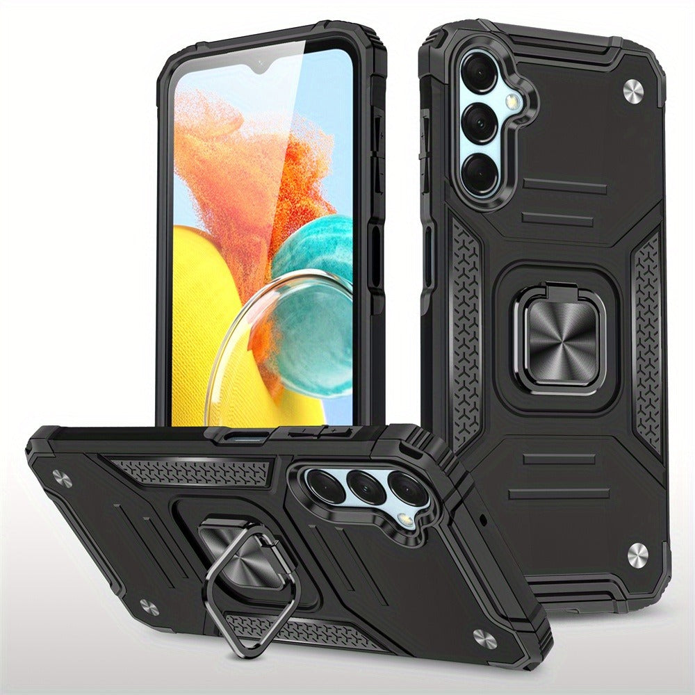 Ring Kickstand Samsung Galaxy A15 5G Case – 360° Rotating Stand Hybrid Armor Shockproof Rugged Cover with Magnetic Car Mount Plate, Dual Layer Hard PC TPU Bumper, Anti-Slip Grip – Black Blue Green Red Rose Gold