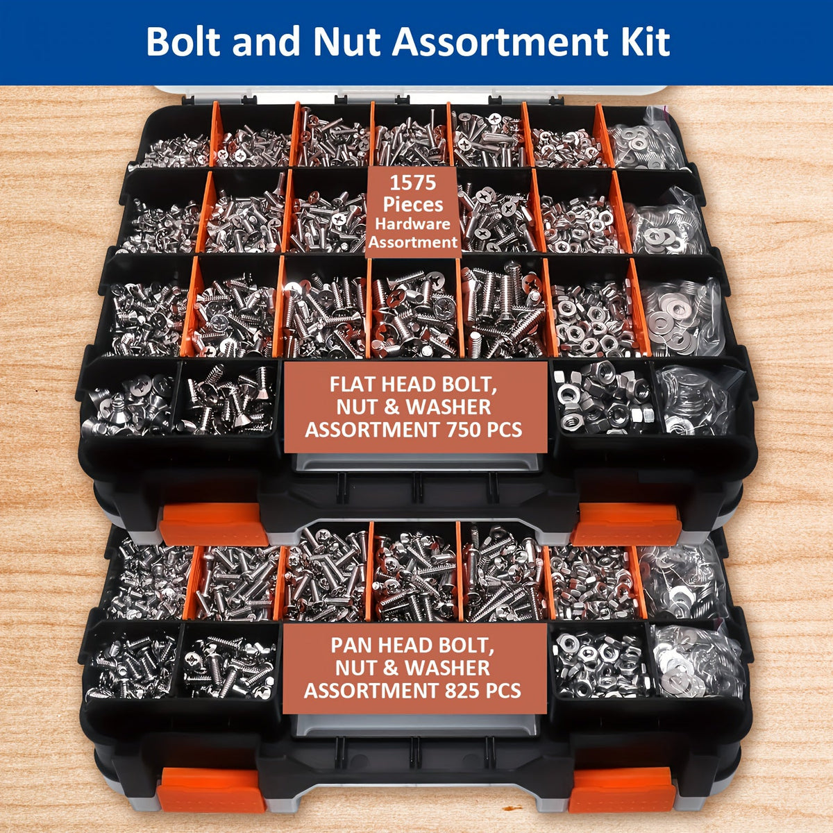1575pcs 304 Stainless Steel Nuts and Bolts Assortment Kit – Pan Head Flat Head Screws Nuts Washers with Double-Sided Storage Box for Home & Mechanical Repairs