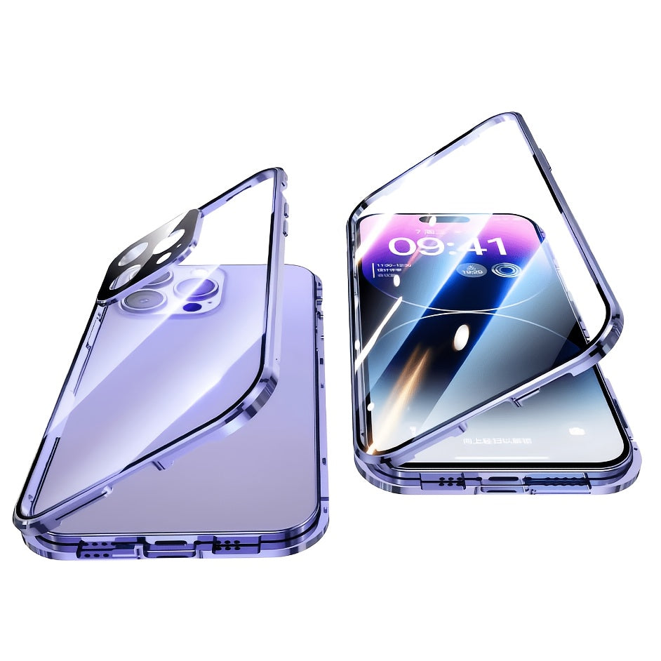 Double-Sided Glass iPhone Case with Stand 2-Piece Set Magnetic 360 Metal Frame Privacy Safety Lock Lens Protection for iPhone 16 Pro Max 16 Pro 16 Plus 16 15 Pro Max 14 Pro Max