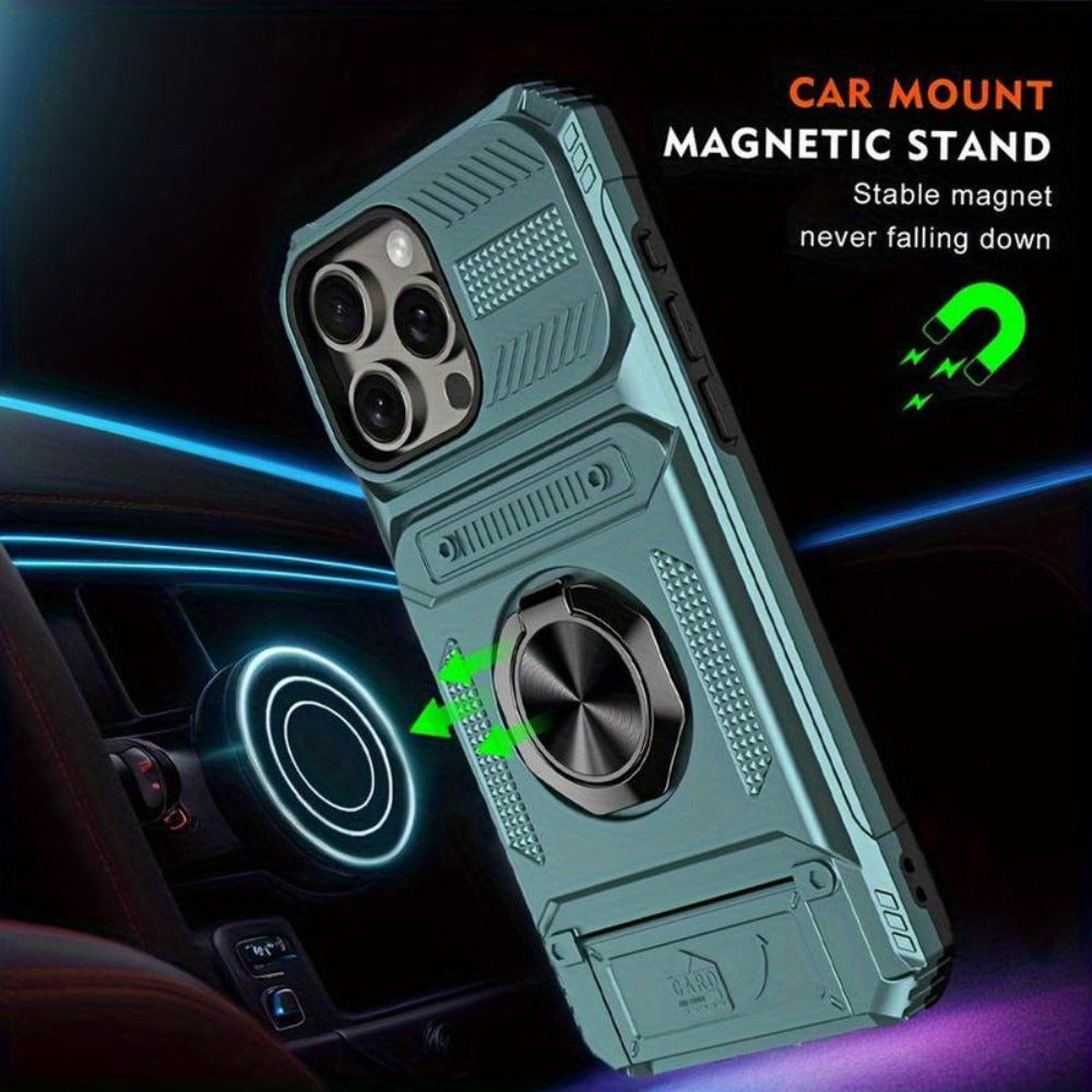 iPhone Card Slot Shockproof Case with Ring Holder & Kickstand – Wallet Phone Cover for iPhone 17 17 Air 17 Pro Max 16 15 14 13 12 11 Pro Max Plus Mini | Heavy Duty Drop Protection