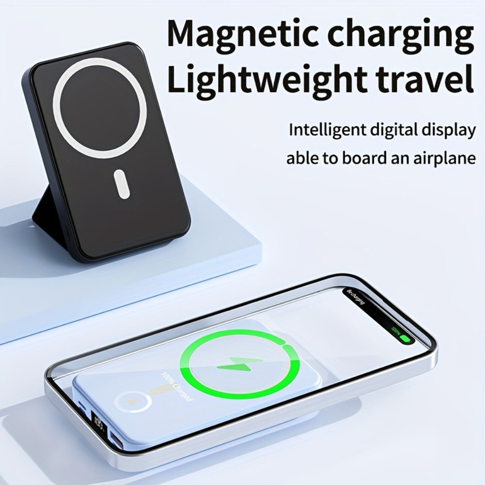 Magnetic Wireless Power Bank 10000mAh 22.5W Fast Charging Portable Charger with LED Display Built-in Kickstand PD20W USB-C Charges 3 Devices Travel Outdoor Black White Purple