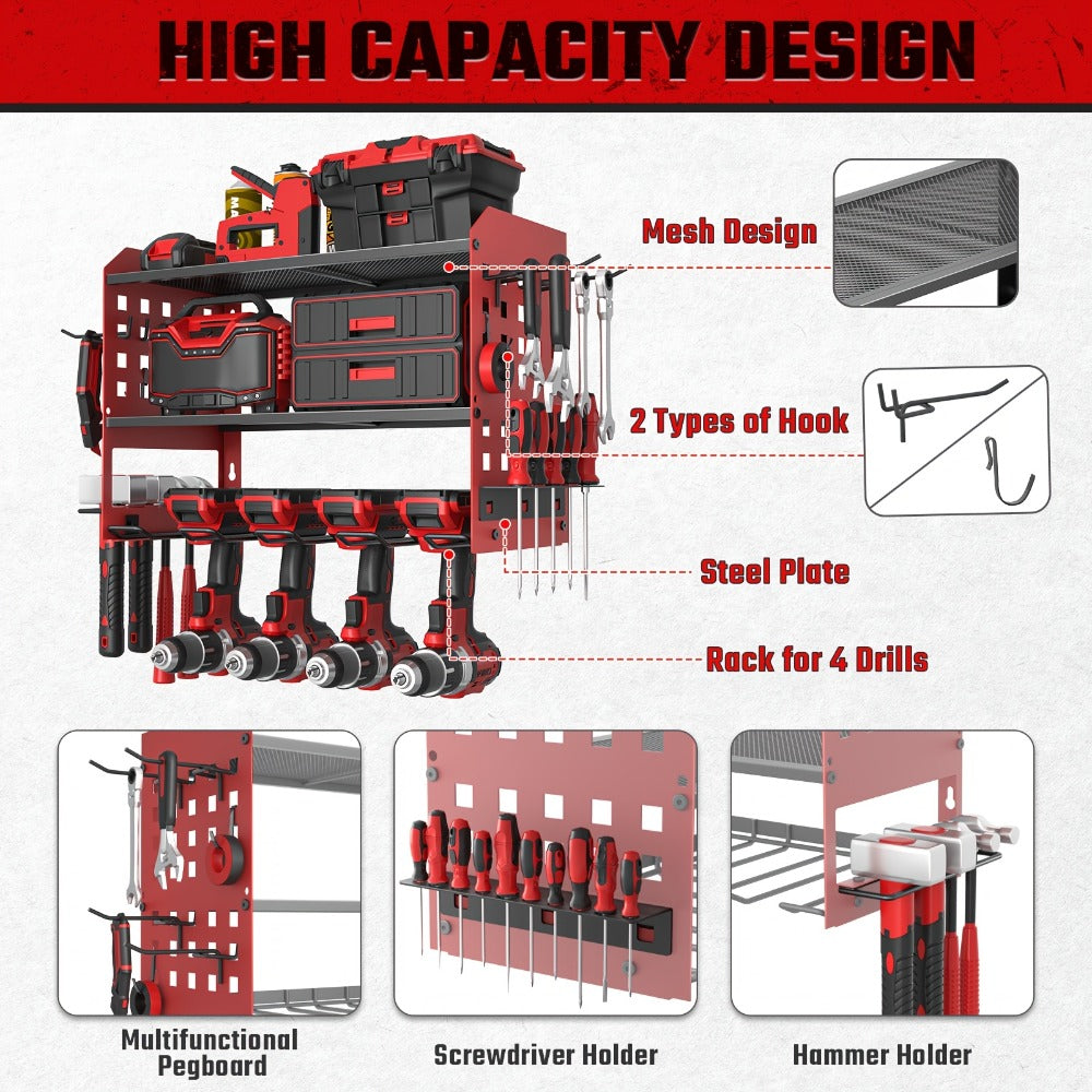 Power Drill Holder Wall Mount – Heavy Duty Tool Storage Rack with 3/4 Layer Floating Shelf | Cordless Drill Organizer | 4/6/8 Drill Holders Workshop Tool Rack for Garage & Workshop Organization