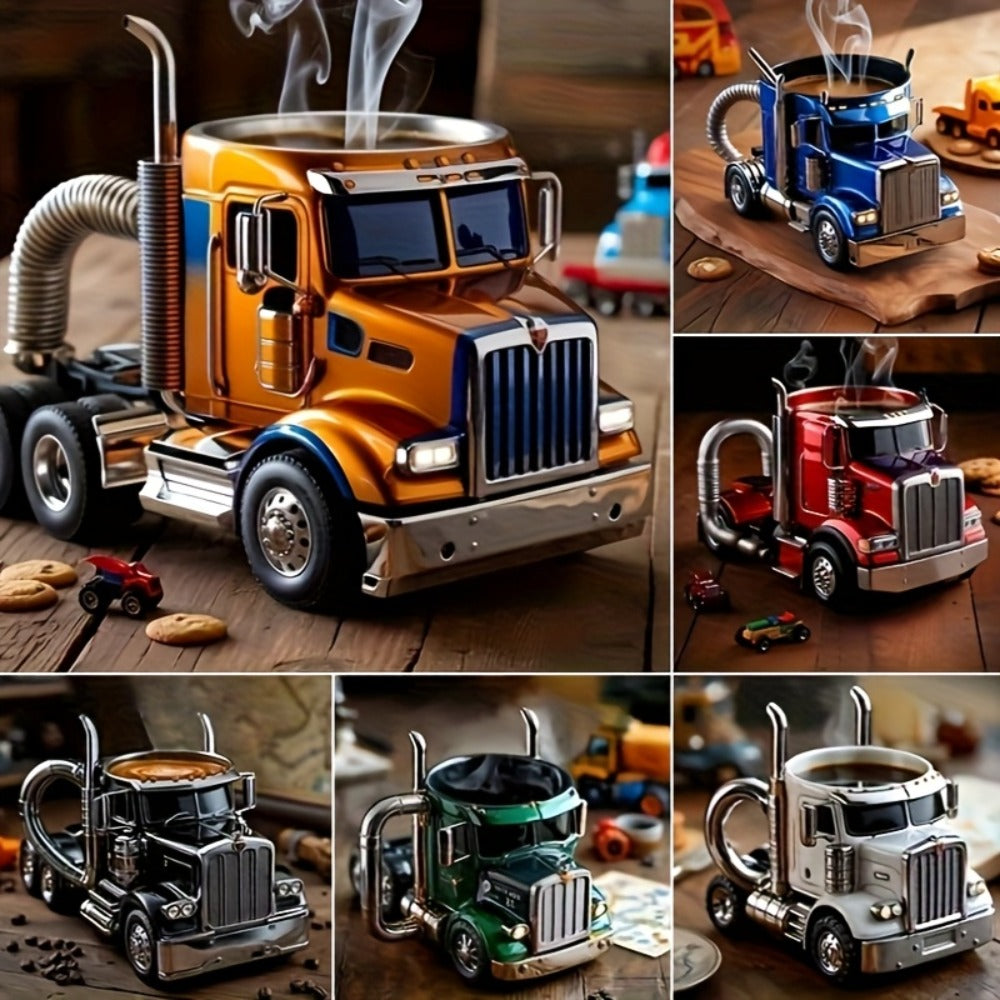 Semi Truck Coffee Mug Handmade Semi-Truck Shaped Cup – Creative Novelty Coffee Tea Mug, Unique Trucker Gift for Men, Truck Drivers & Coffee Lovers – Blue & Black