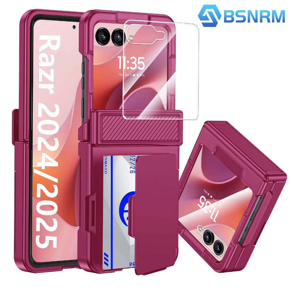Motorola Razr 2025 2026 Hinge Protector Case with Built-In Screen Protector Card Slot & Lanyard - Shockproof Scratch-Proof Hard PC Flip Phone Cover for Razr 2025 Razr 2026 Complete Protection