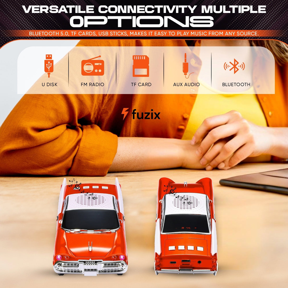 Retro Car Bluetooth Speaker with LED Headlights & Taillights, Fuzix WS-1965 Wireless Portable Stereo Speaker, AUX/USB/TF/FM Radio, Built-in Mic, Rechargeable Battery, Gift for Car Enthusiasts