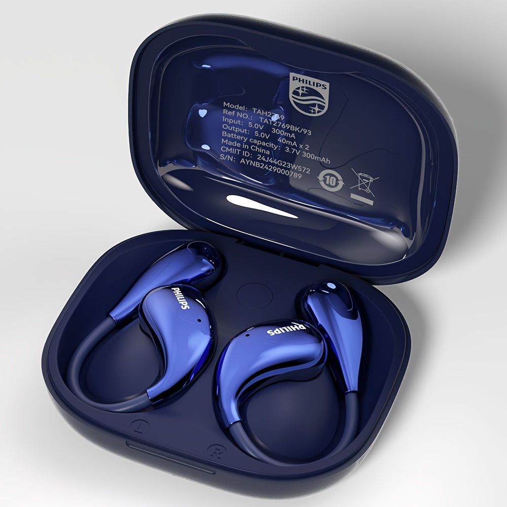 Philips TAT2769 Earhook Running Earbuds Bluetooth 5.4 Noise Cancelling Mic Secure Sport Fit Over-Ear Wireless Headset for Running Sports Gym Black White Blue