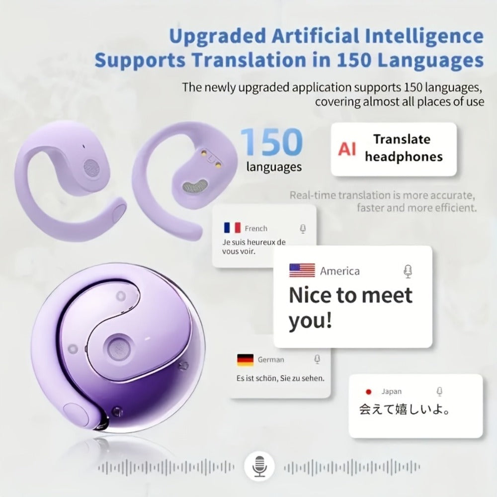 100 Language Real-Time Translation TWS Earphones Coconut Ball Pendant Wireless Earbuds Conference Recording Noise Canceling Mic Touch Control Fast Charging Type-C Free Lanyard for Travel Business