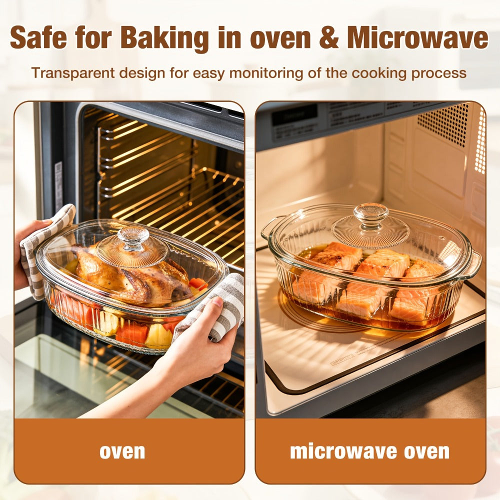 Borosilicate Glass Baking Dish with Lid 96oz – Oval Casserole Pan Microwave Oven Fridge Safe | Multi-Use for Baking, Meal Prep, Grilled Fish, Salad & Food Serving | Kitchen Bakeware with Cover