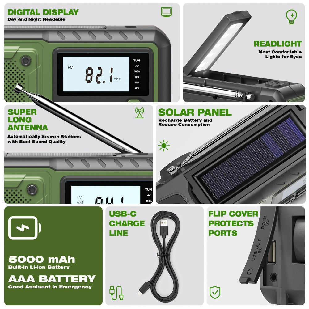 Hand Crank Emergency Weather Radio 5000mAh Solar Powered NOAA AM FM Portable Survival Radio with Flashlight SOS Alarm Reading Light Phone Charger Type-C for Hurricane Tornado Storm Preparedness Gift