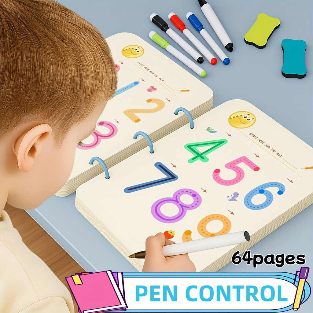 Magic Practice Handwriting & Drawing Book Set for Kids Ages 3-8 – 64 Pages Reusable Wipe Clean Workbook with 8 Erasable Pens & Refills, Pen Control Letter Tracing Activity Gift for Boys Girls Preschool