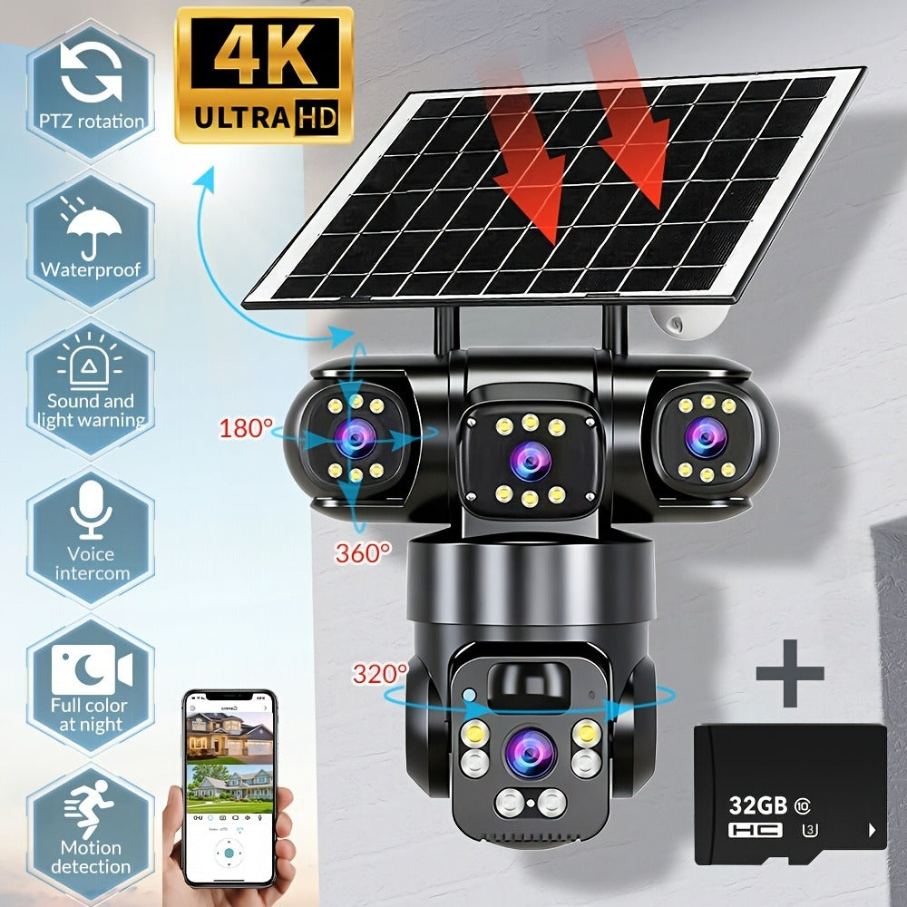 4K Solar Powered Outdoor Security Camera PTZ 360° Triple Lens Panoramic 10X Zoom 8000mAh Battery WiFi AI Human Detection Color Night Vision Two-Way Audio Driveway Farm