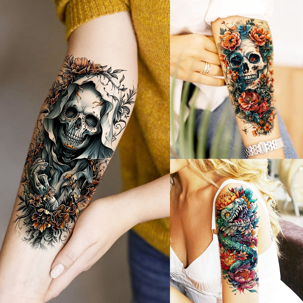 Temporary Tattoos for Adults 71 Sheets Waterproof Long Lasting Old School Gothic Punk Chicano Tiger Wolf Lion Dragon Skull Floral Body Art for Halloween Parties Festivals Costumes