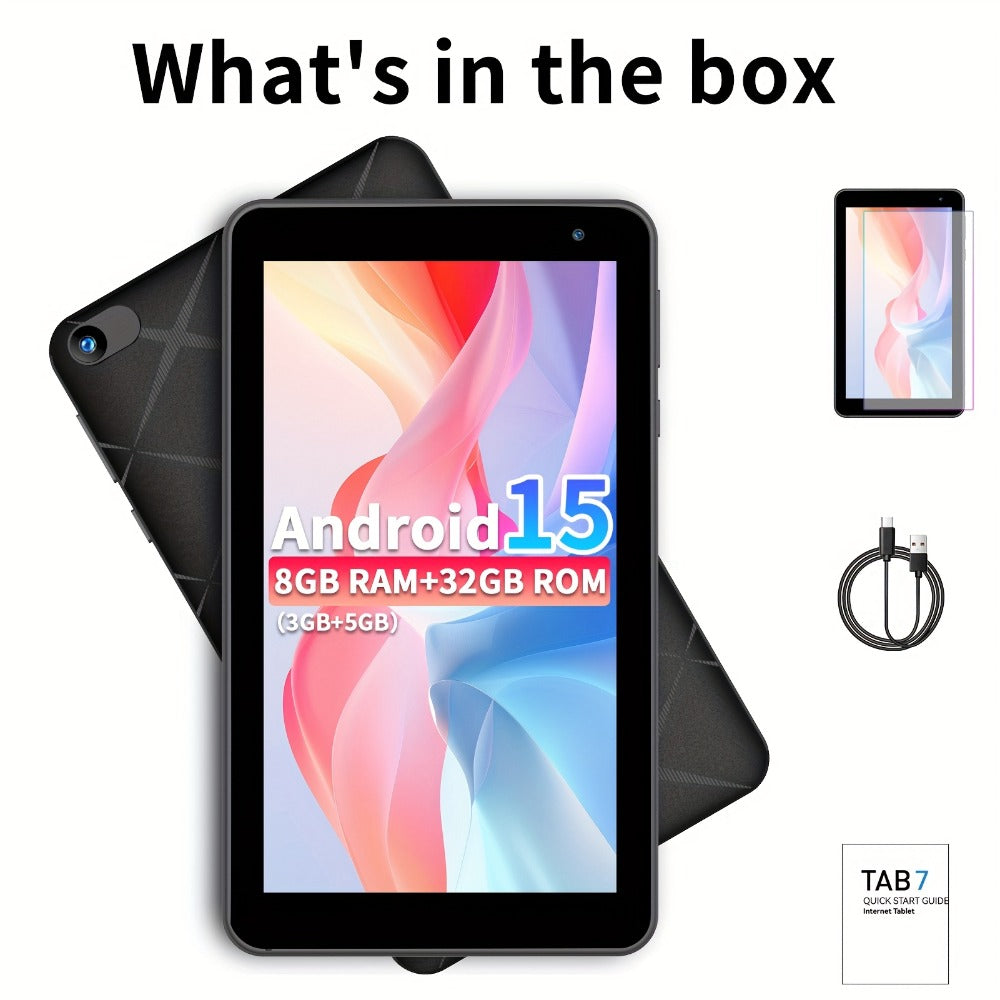 Android 15 Tablet 7 Inch, 8GB RAM 32GB ROM, 1TB Expandable Storage, WiFi 6 Dual-Band IPS Touchscreen Tablet with Protective Case, Multi-Core CPU, Dual HD Cameras – Black