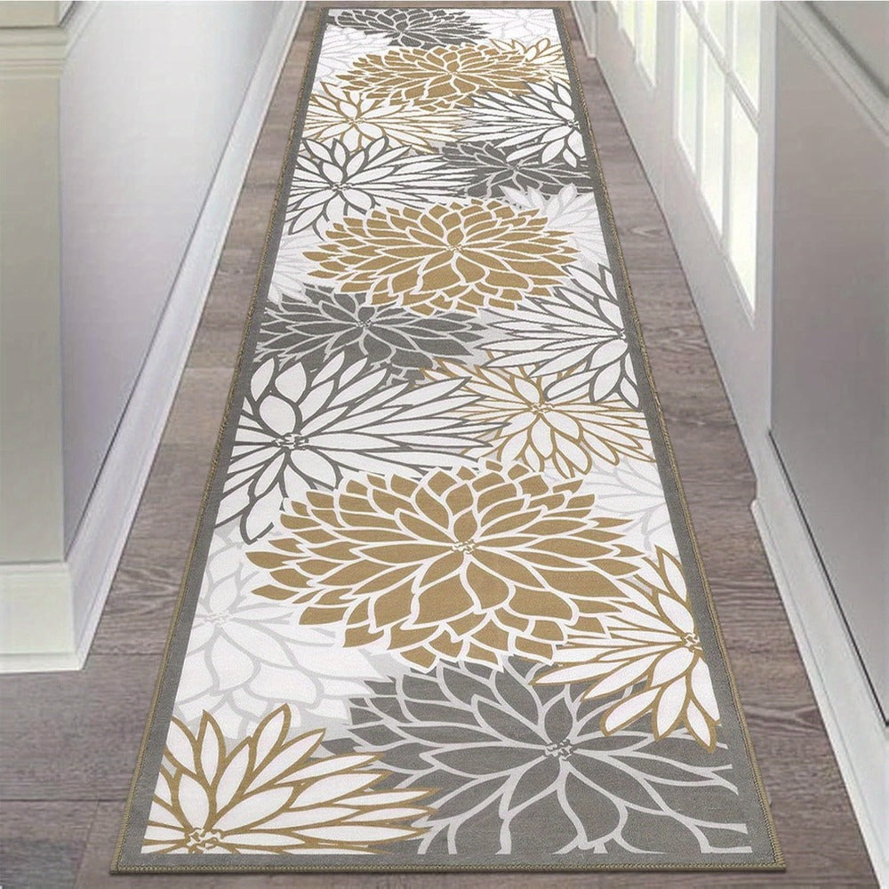 Floral Medallion Runner Rug Non-Slip Machine Washable – Low-Profile Hallway Carpet for Entryway, Laundry Room & Bathroom – Brown & Grey, 2x6, 2x8, 2x10 Ft