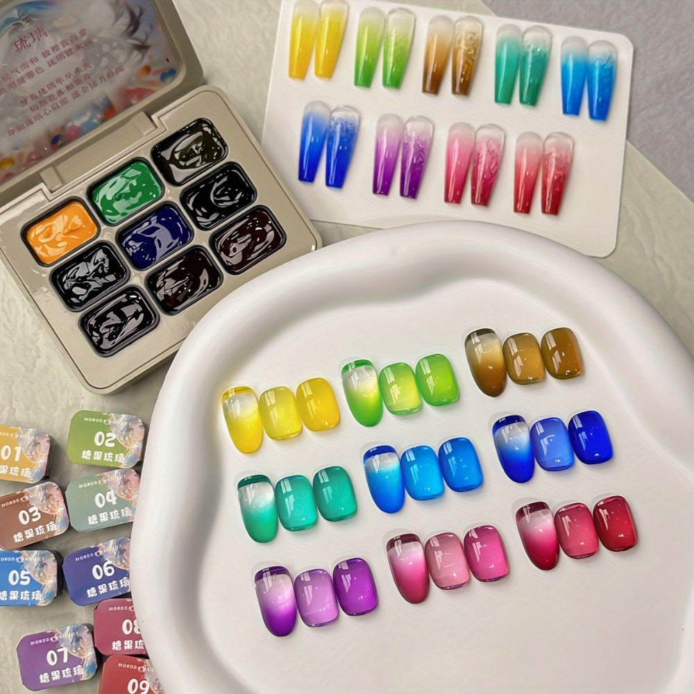Candy Glass Gel Nail Polish Set 9 Colors Gradient Effect — Fall Winter Shades Translucent Glass-Like Finish Long-Lasting Durable Nail Art for Salon & Home Manicure Gift Women