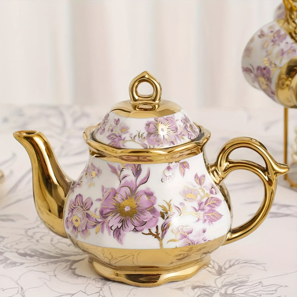 Floral Ceramic Tea Set 20 Pcs – European Porcelain Tea Cups & Saucers with Metal Holder & 15 Oz Teapot – Luxury Arabic Coffee Cup Set for Espresso, Cappuccino & Afternoon Tea – Elegant Gift