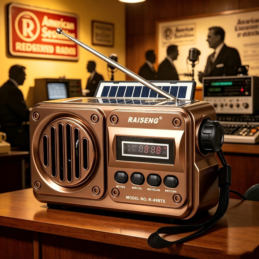FM Portable Radio R-49BTS Retro Solar Panel Bluetooth Speaker, USB TF Card Playback, Loud Digital Radio for Indoor Outdoor Travel Emergency Camping, Independence Day Gift