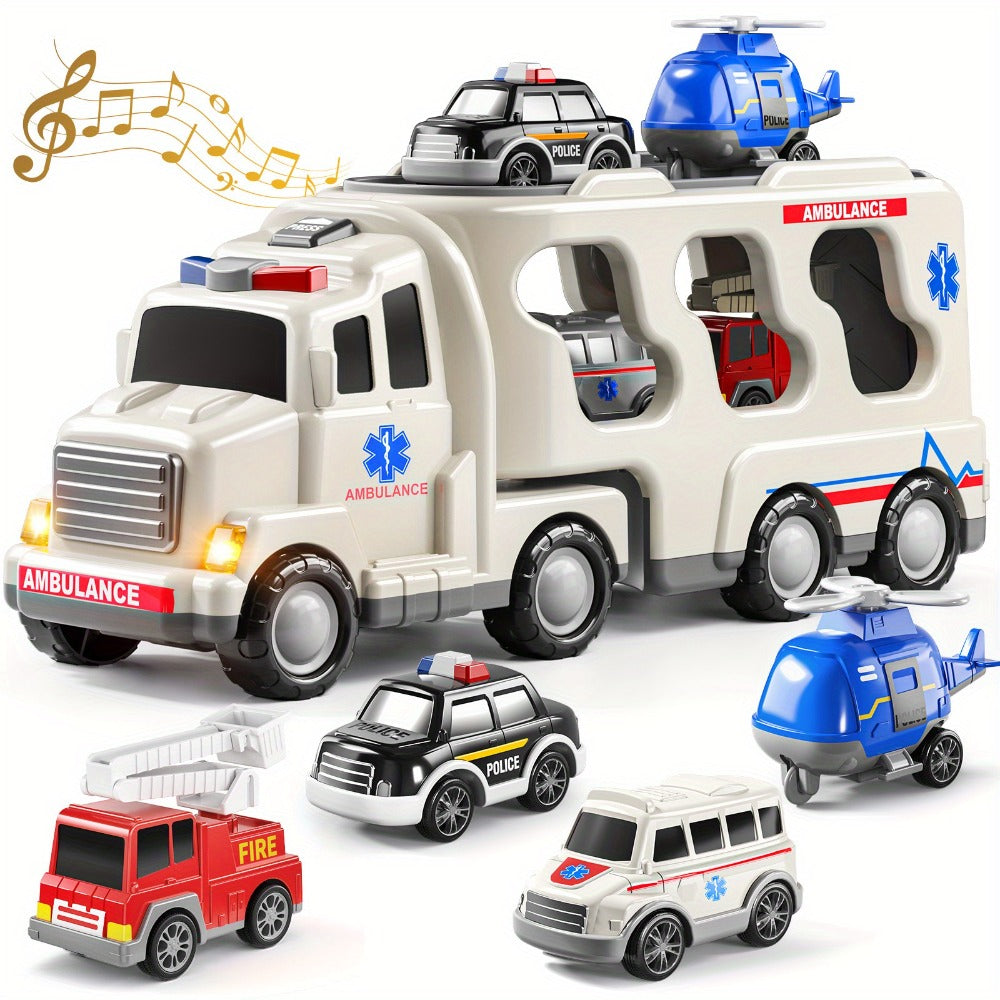 Ambulance Carrier Truck Toy Set, 5-in-1 Emergency Vehicle Playset with Lights & Sounds