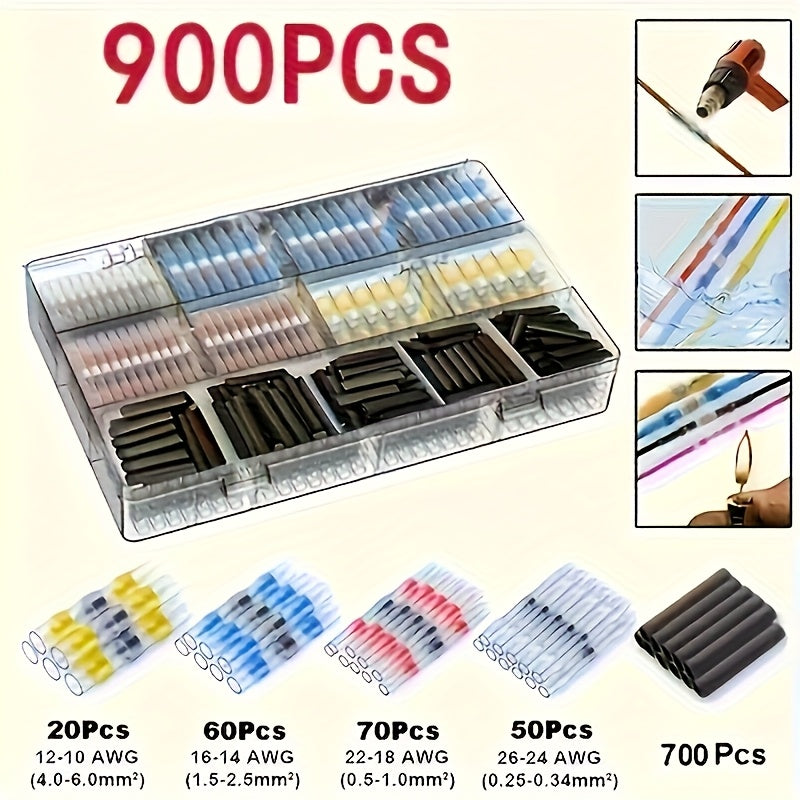 Solder Seal Wire Connectors Butt Splice Terminals 320/640/900pcs – Heat Shrink Insulated Waterproof Electrical Connectors for Automotive Marine Boat Truck & DIY Wire Splicing