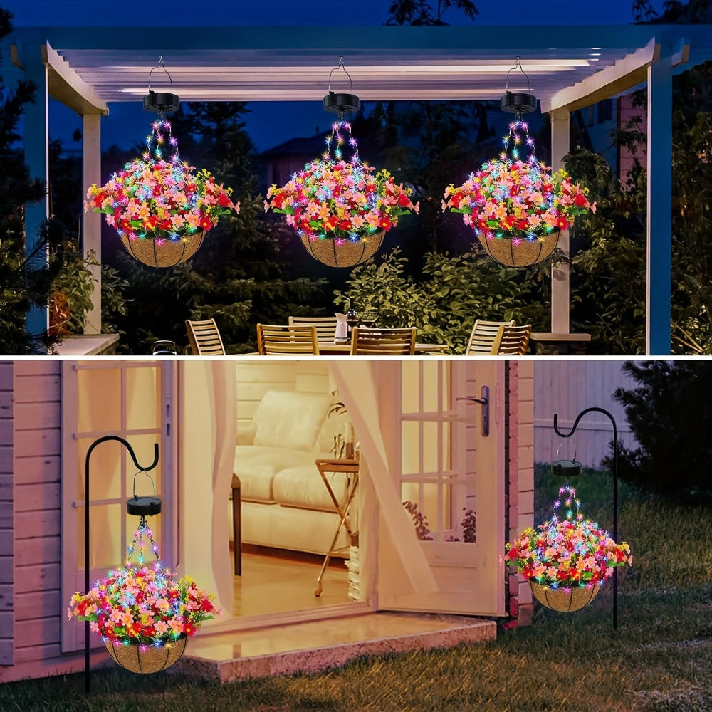 Solar Hanging Flower Basket with RGB String Lights – 10 Inch Artificial Flowers, Dusk-to-Dawn Auto On, Waterproof Outdoor Decor for Patio, Garden, Balcony & Front Porch | Pink Purple Orange