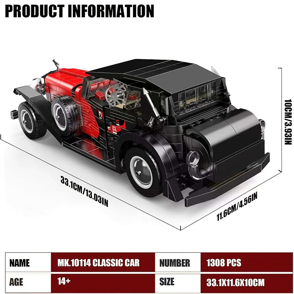 Mould King 10114 Vintage Classic Car Building Block Set, 1308 Pcs Red Display Model