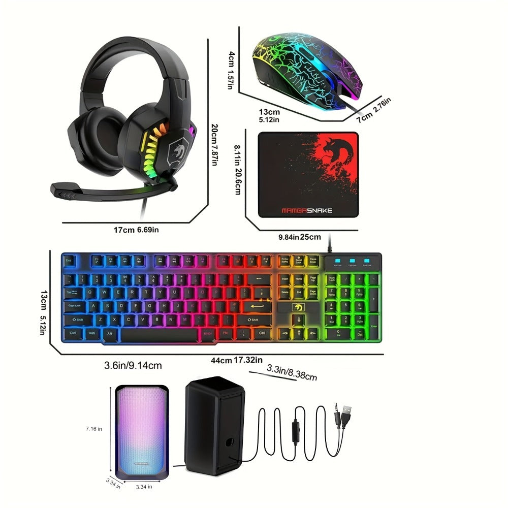 Complete 5-in-1 Gaming Setup Bundle RGB – 104 Keys Wired Keyboard, 2400 DPI Optical Mouse, Gaming Headphone, Speaker & Large Mouse Pad for PC, Mac, PS4 & Xbox | All-in-One Gaming Combo | Black & White