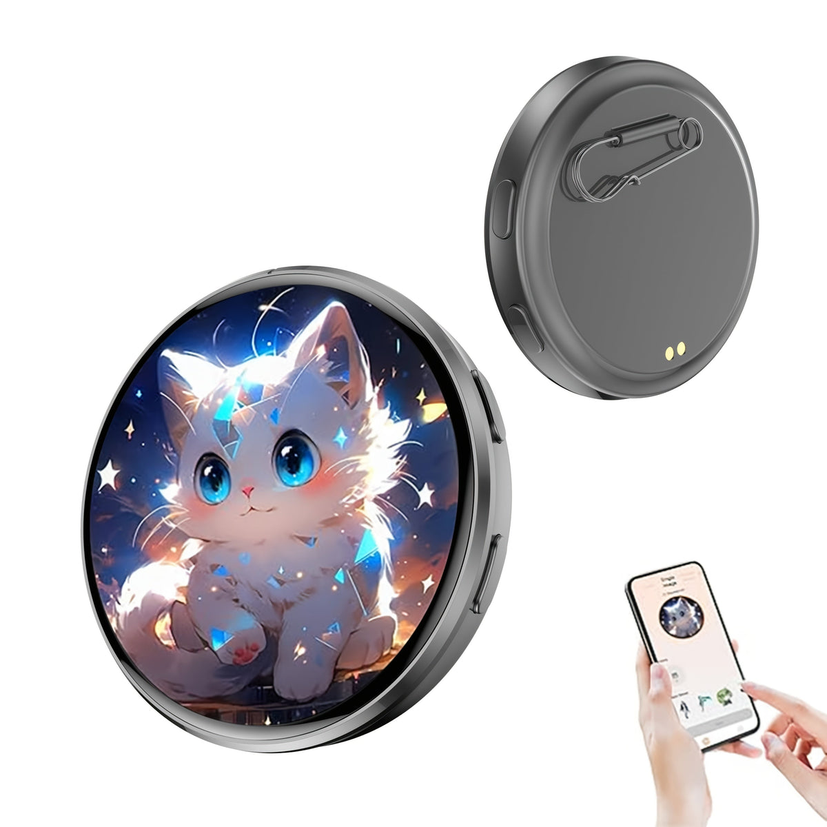 Electronic Anime Badge with Display Screen – Dynamic Touch, High Frame Rate, 600mAh Battery, Bluetooth 6.0 & USB Magnetic Charging | Digital Brooch for Cosplay, Concerts & Anime Fans | Black White Purple