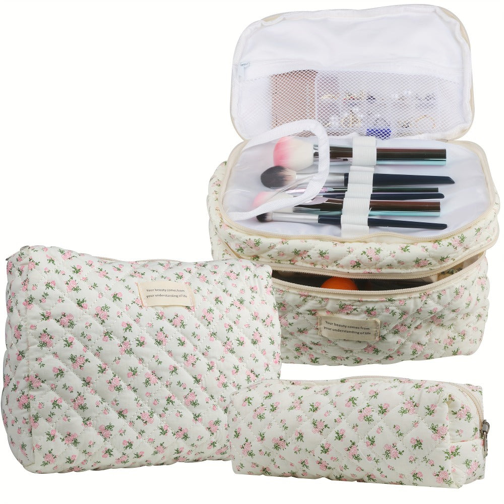 Makeup Bag Set 3 PCS Quilted Cotton Dual Layer Large Capacity Floral Coquette Aesthetic Travel Cosmetic Bag Women Toiletry Organizer Cute Soft Fabric Pouch Blue Pink Purple 6 Styles