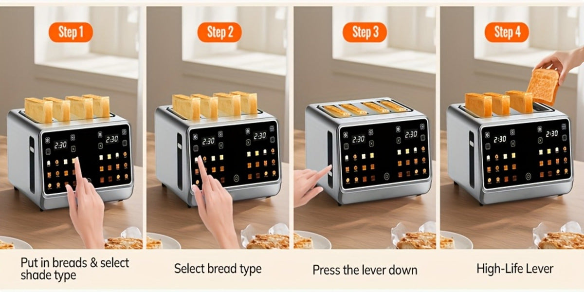 4-Slice Digital Smart Toaster with Touchscreen | Dual Control Panel, Single Slot Toasting, Timer, Reheat & Defrost Functions for Bagels, Bread & Waffles – Stainless Steel Kitchen Essential