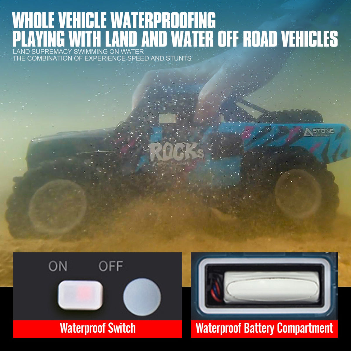 Amphibious RC Car 1:16 Scale 4WD, Waterproof Monster Truck or Pickup, 2 Batteries