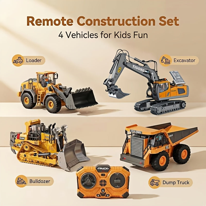 RC Construction Vehicle Set, 2.4GHz 12-Channel Excavator, Dump Truck, Bulldozer & Loader