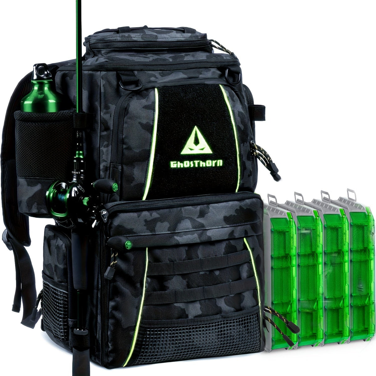 Large Fishing Tackle Bag with 4 Tackle Boxes – 43L Backpack with Rod Holder, Detachable Waist Pack & Gear Storage for Men Women | Black, Khaki & Camo