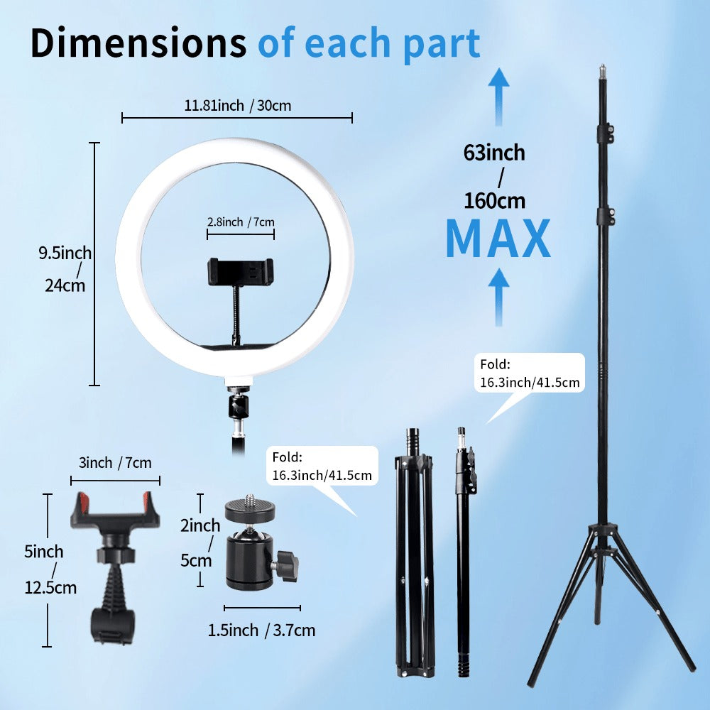 Ring Light 12 Inch Adjustable Brightness RGB with 63 Inch Floor Stand for Photo Selfie Video Recording Zoom Meetings Vlog Live Streaming TikTok YouTube Makeup
