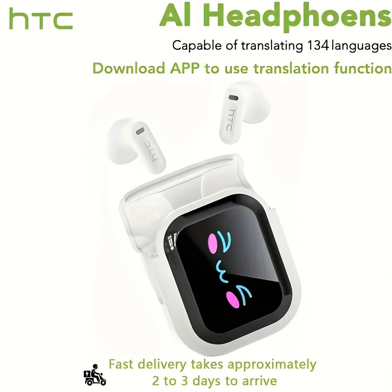 131 Language Real-Time Translation Wireless Headphones HTC NE20 TWS HiFi Sound Low Latency Gaming AI Noise Reduction LED Touch Screen Built-In Mic for Business Travel Office Study Gaming Birthday Gift