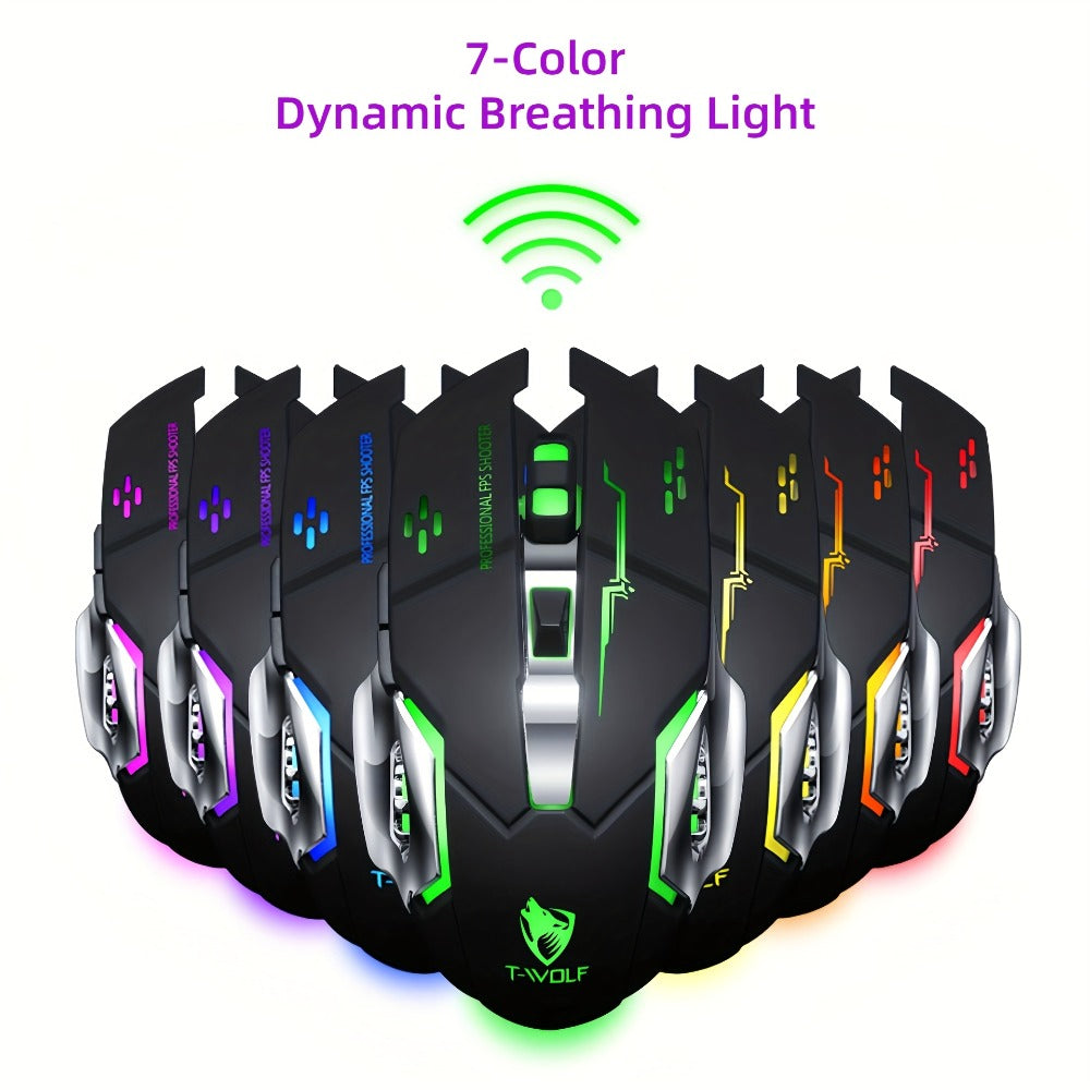 Ergonomic Silent Wireless Mouse T-WOLF Rechargeable Dual-Mode BT5.0 & 2.4G – Full-Size RGB Comfort Mouse for Work Study Gaming, Aesthetic Desk Setup, Back to School Gift for PC Laptop Mac