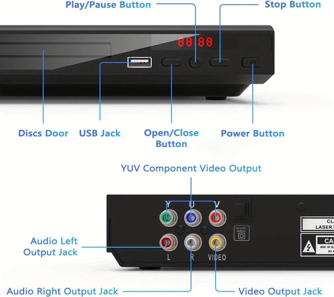 DVD Player for Seniors Region Free 1080P with USB Port & AV Cable – Simple Remote Control, Easy Setup, Plays DVD SVCD VCD CD-R MP3, Home Theater & Gift for Elderly, US Plug, Black