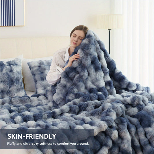 Faux Rabbit Fur Blanket with Moire Texture and Plush Fleece Lining