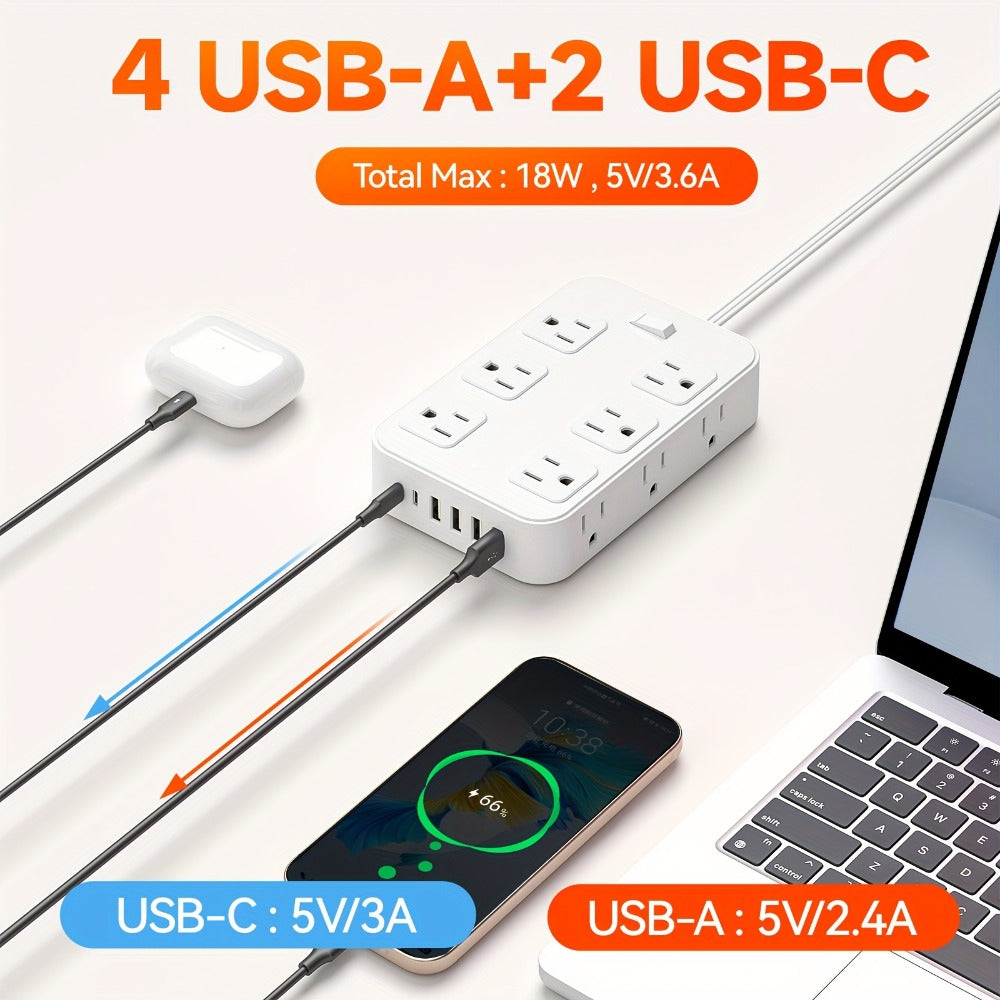 12-Outlet Surge Protector Power Strip with One-Touch Master Switch 18-in-1 with 12 Spacious AC Outlets 4 USB-A 2 USB-C Ports Safe Portable Charging Station for Home Dorm Office Travel – Black & White