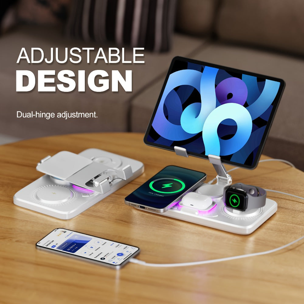 6-in-1 Wireless Charging Station with Clock Display & Atmosphere Light 15W Fast Charger Dock – Tablet Stand, Charges 4 Devices at Once | iPhone 17/16/15/14/13/12, Apple Watch, AirPods | Black & White