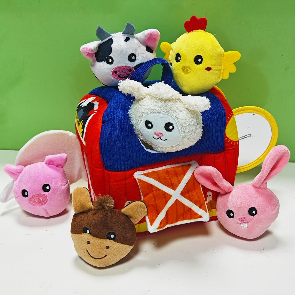 Farm Playset Baby Toy with 6 Plush Animals, Barn, Rattle, Crinkle & Mirror – Portable Sensory Learning Toy for Babies & Toddlers, Infant Activity Gift for Boys & Girls 0-12 Months