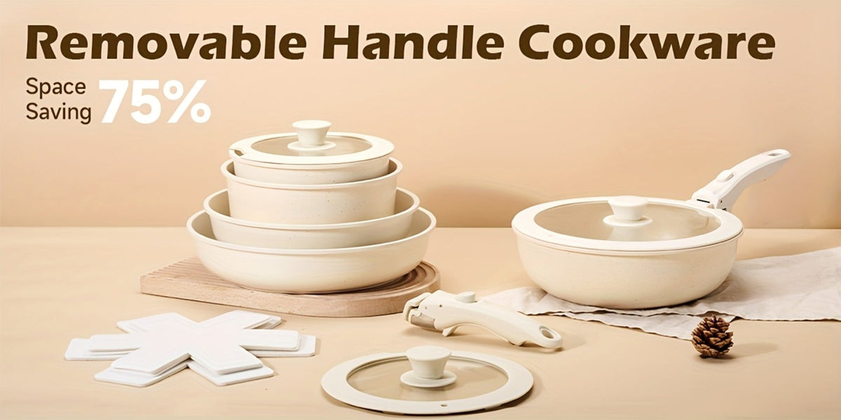 Detachable Handle Cookware Set 16 & 26 Piece Non-Stick PFOA-Free – Stackable Space-Saving Pots and Pans | Oven Safe 480°F Induction Compatible | RV Camping Kitchen Cooking Set in Black & Beige