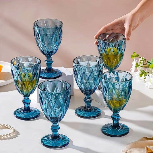 Diamond Pattern Colored Wine Glasses Set of 6, 10 oz Vintage-Style Stemmed Goblets
