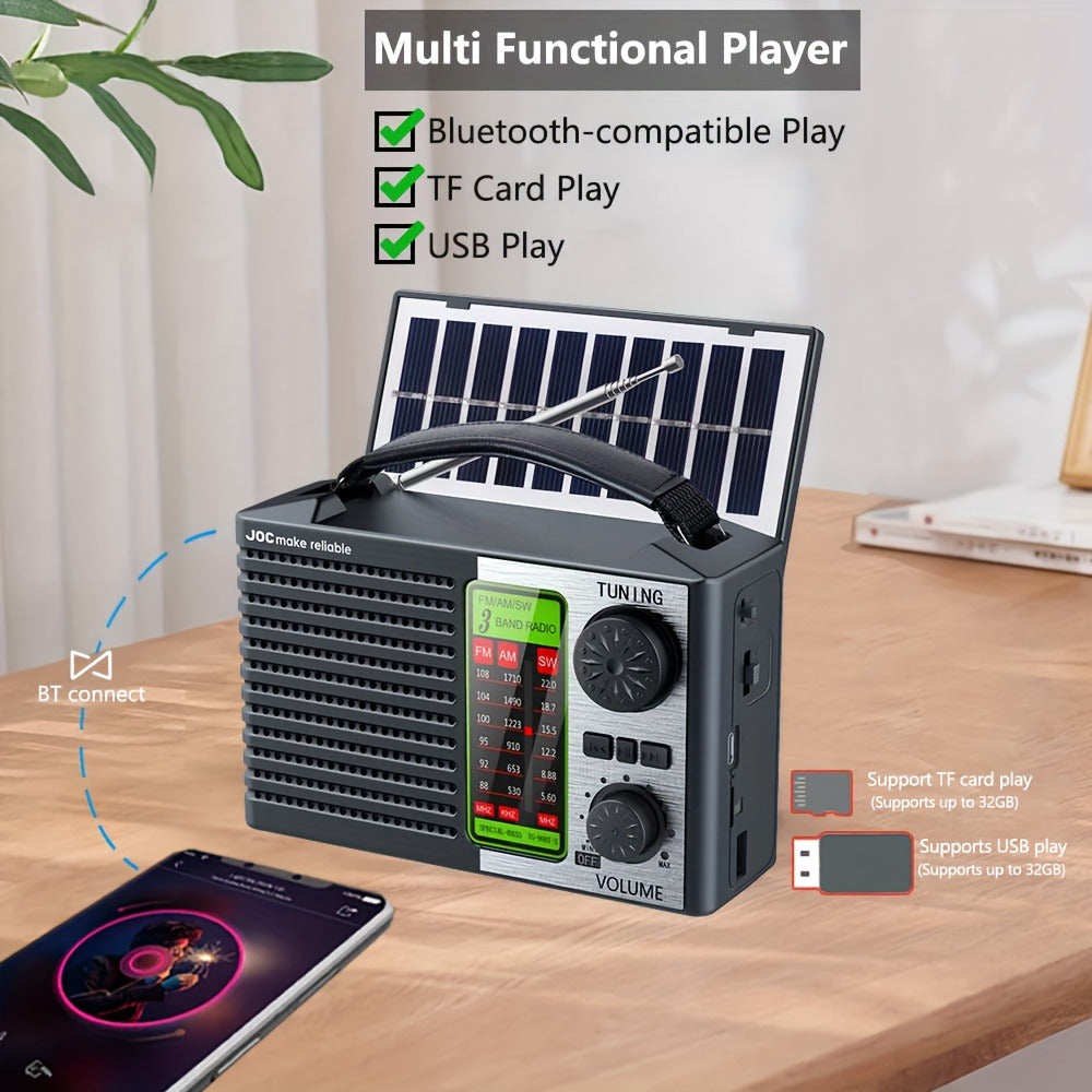 Emergency Solar Hand Crank Radio 5-in-1 with Dual Speaker, FM AM SW VHF, MP3 USB TF Card Player, 180° Foldable Solar Panel, LED Flashlight, Portable for Camping Power Outages Survival