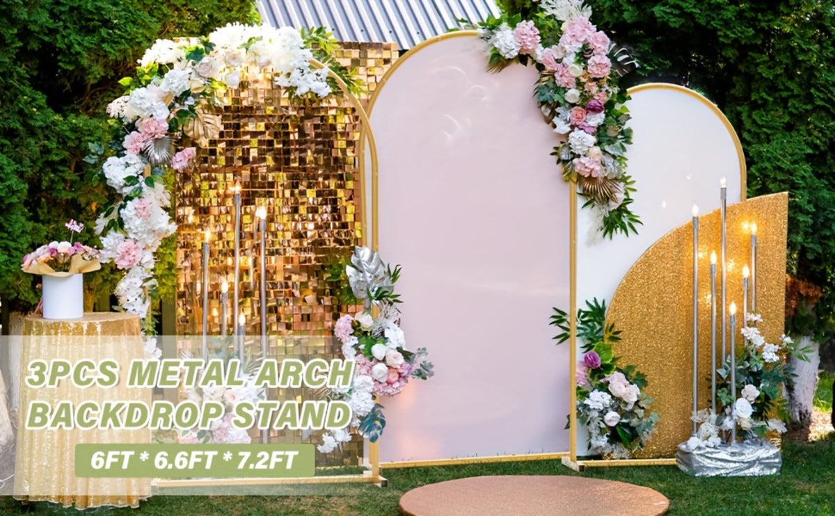 3-Pack Golden Metal Photo Backdrop Arch Set (7.2/6.6/6ft) | Wedding Ceremony Party Frame for Birthday, Graduation, Photography Background Decor, Halloween, Thanksgiving & Christmas Gift