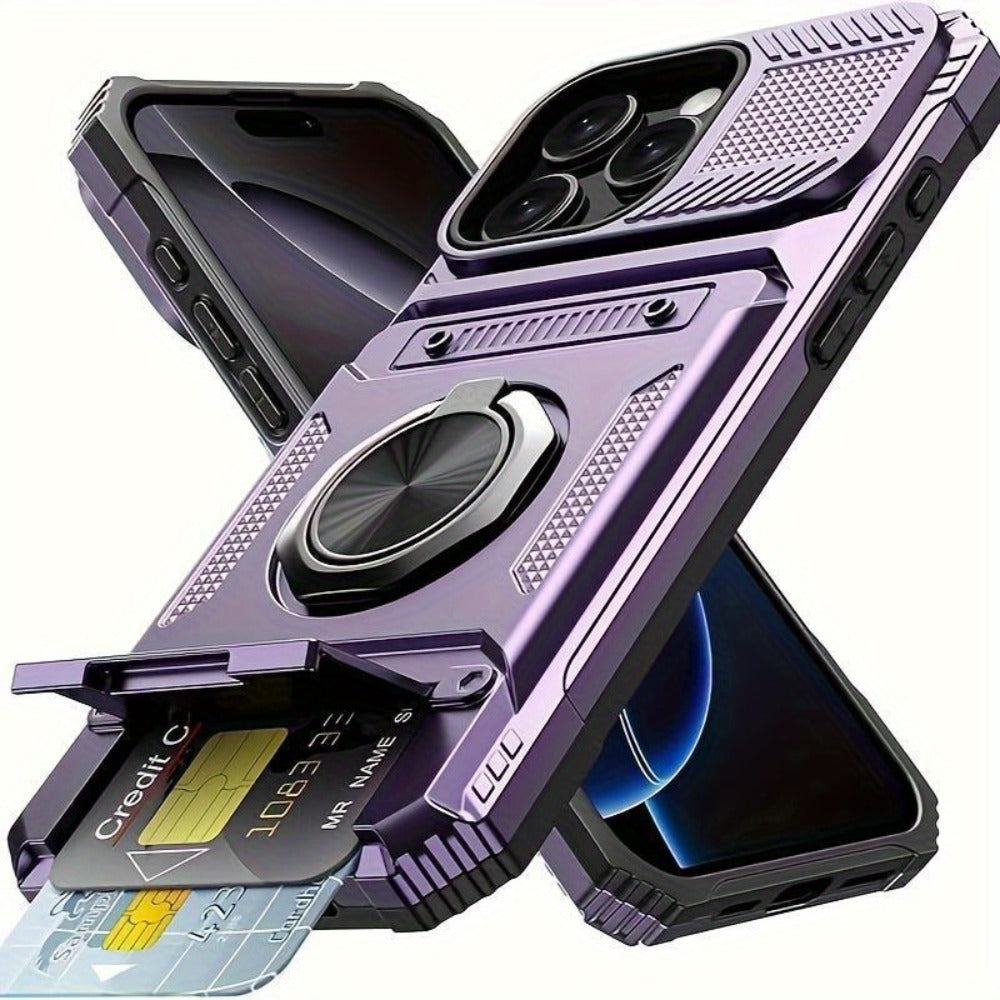 iPhone Card Slot Shockproof Case with Ring Holder & Kickstand – Wallet Phone Cover for iPhone 17 17 Air 17 Pro Max 16 15 14 13 12 11 Pro Max Plus Mini | Heavy Duty Drop Protection