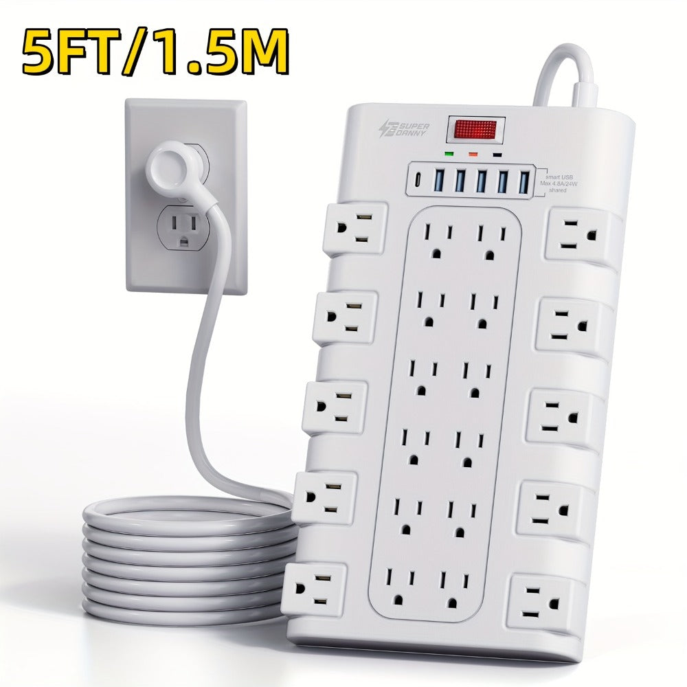 Surge Protector Extension Cord Flat Plug 2100 Joules with Control Switch Status Indicator Wall-Mountable Multi-Outlet Power Strip 28-in-1 22 AC or 8-in-1 4 AC with USB Ports Multiple Length Options for Home Office – Black
