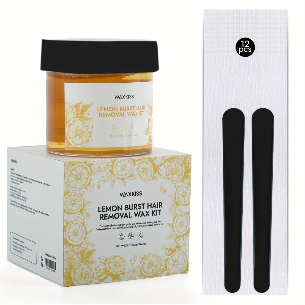 Sugar Wax Hair Removal Kit 300g - Gentle Soft Wax with Strips & Sticks for Body Hair Removal, Lemon or Activated Carbon Formula, Residue-Free At-Home Waxing for Women