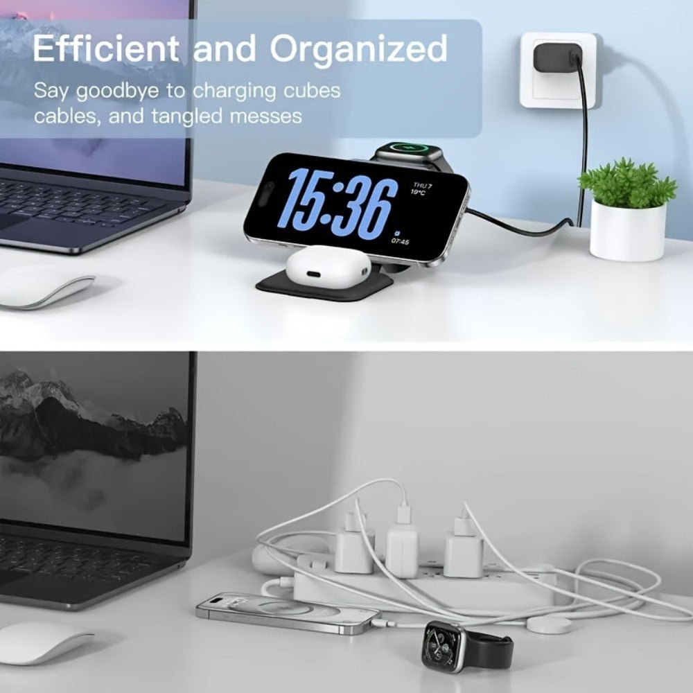 Foldable Travel 3-in-1 Wireless Charging Station 15W – Fast Charge for iPhone 17 16 15 14 13 12 Pro Max Plus, Apple Watch Ultra Series 9 8 7 6 5 4 3 2 1 SE & AirPods 4 3 2 Pro | Portable Black Charger