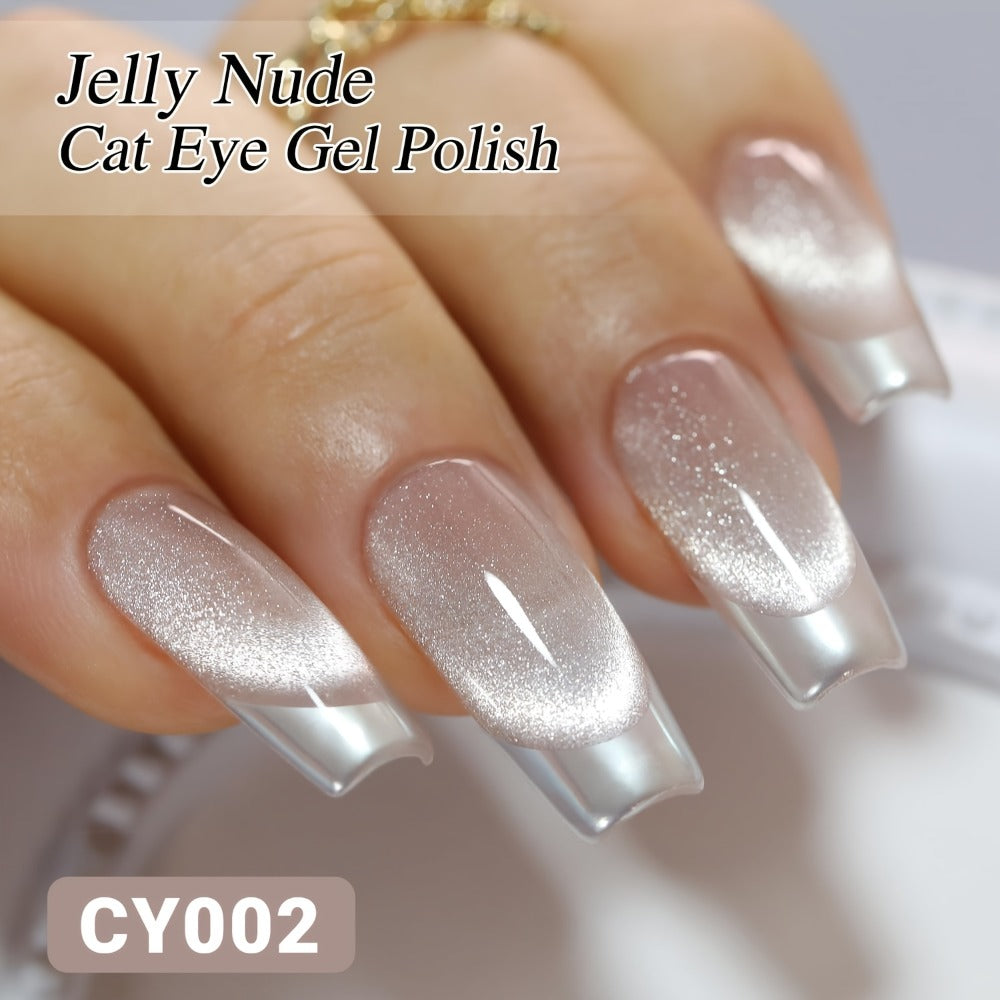 Cat Eye Gel Nail Polish Ice Clear Nude – Magnetic Shimmer Stripe Effect, Long-Lasting Chip-Resistant, Quick-Dry Glossy Finish, Fragrance-Free for Salon & DIY Manicure Pedicure