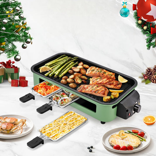 Indoor Electric Raclette Grill, 1500W, with 3 Mini Pans and 16 x 9-Inch Plate
